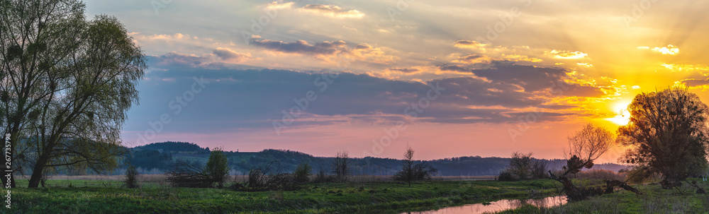 Sunset on the Beautiful spring river landscape