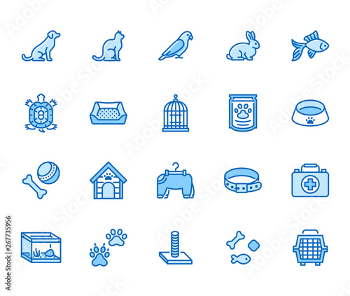 Pet shop flat line icons set. Dog carrier, cat scratcher, bird cage, rabbit, fish aquarium, pets paw, collar vector illustrations. Thin signs for veterinary. Pixel perfect 64x64. Editable Strokes