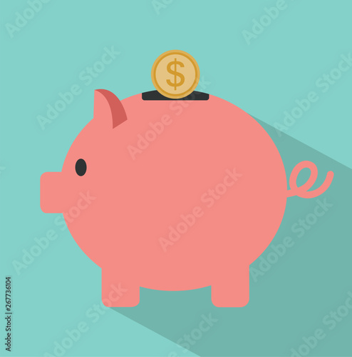 Piggy Bank and coin with long shadow