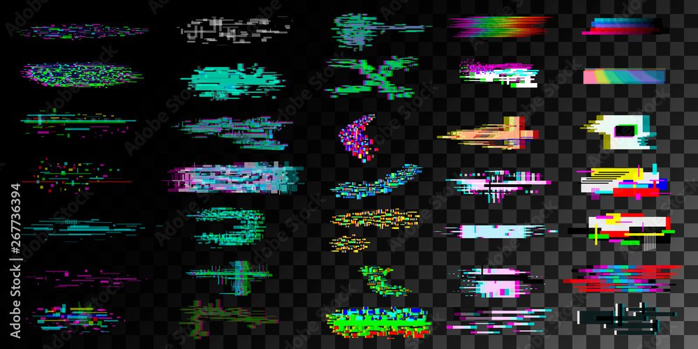 Big set of Glitch effect elements on transparent background, Vector
