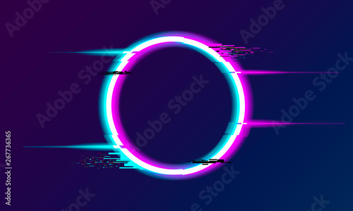 An illuminated circle with glitch and neon effect. Glow Design for Graphic Design - Banner, Poster, Flyer, Brochure, Card. Vector Illustration.