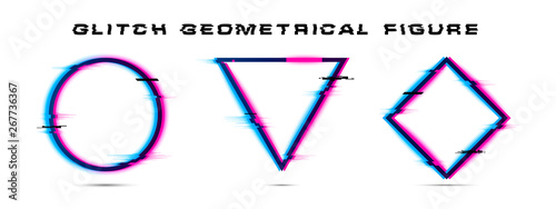 Set of Glitch geometrical shapes - Circle, Triangle, Rhombus, Geometric figures with TV distortion effect, Design element for banner design,invitation, party flyer etc.