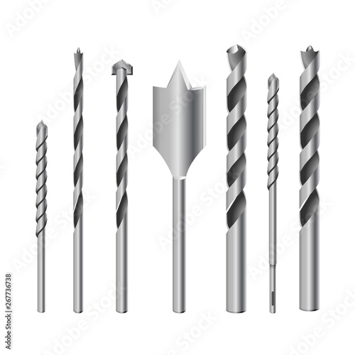 Realistic 3d Detailed Metallic Drill Bits Set Tools for Construction Work, Drilling Hole.