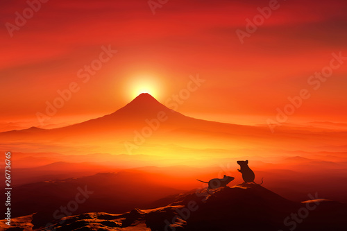 富士山の日の出とネズミのシルエット © bigfoot
