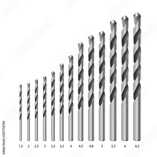 Realistic 3d Detailed Metallic Drill for metal for perforator Bits Set Tools for Construction Work, Drilling Hole.