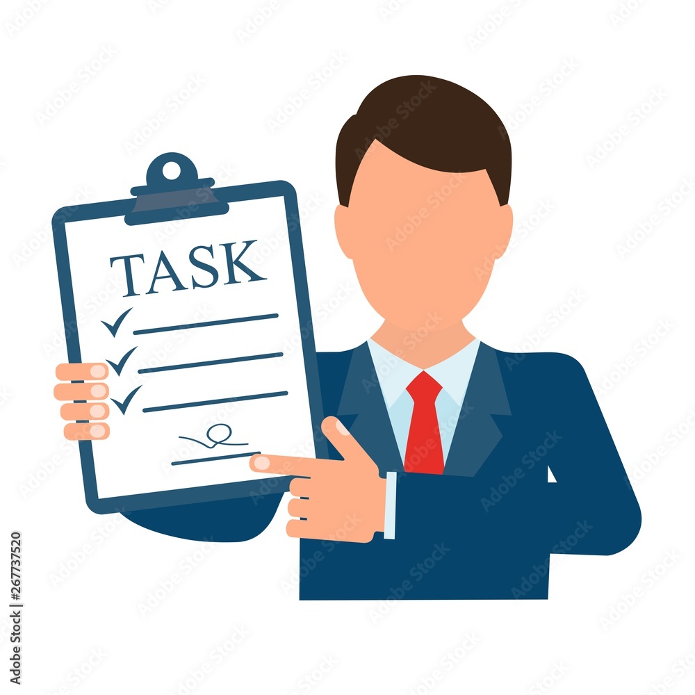 The document with the task. White background, flat design. The document with the task. White background, flat design.