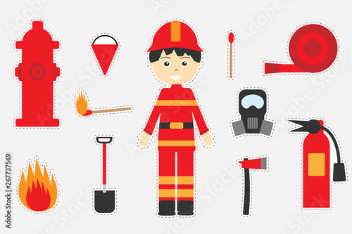 Different colorful fireman pictures for children, fun education game for kids, preschool activity, set of stickers, vector illustration