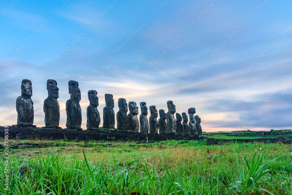 Sunrise at the Moai statues on Easter Island of Ahu Tongariki