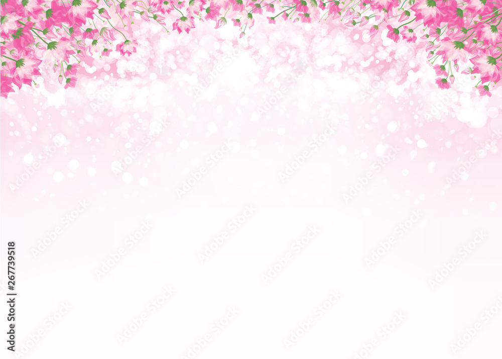 Vector pink floral border on pink bokeh background.