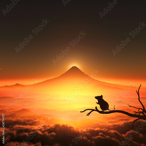 Fototapeta Naklejka Na Ścianę i Meble -  富士山の日の出とネズミのシルエット