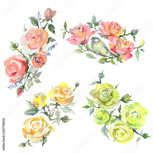 Rose bouquet floral botanical flowers. Watercolor background illustration set. Isolated bouquets illustration element.