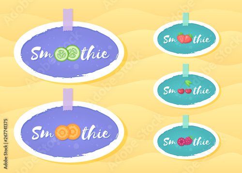 Fruit and berry smoothie drink label set vector illustration. Tasty natural fruit with Smoothie sign in white frame. Fresh smoothies cocktail round sticker for offer drawing sign or promo label