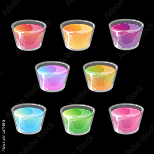 Set of multicolored jelly shots in small plastic cups.
