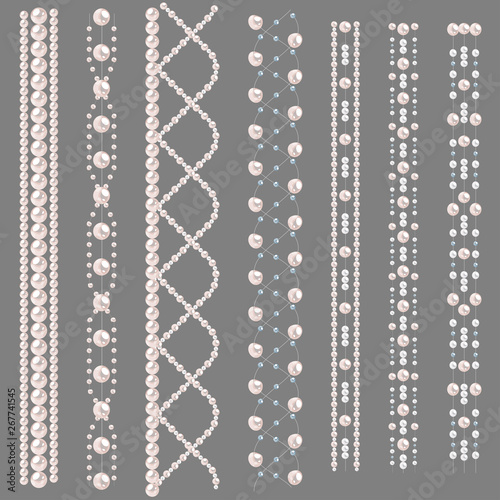 Set of pearl borders isolated on gray background. Vector dividers for decoration, wedding invitation or greeting cards, banners.