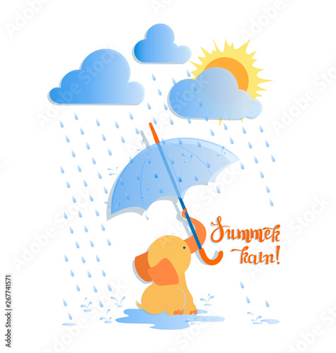 Little baby elephant with umbrella and summer rain. Cute baby elephant under rainy clouds. Children's poster with the inscription.