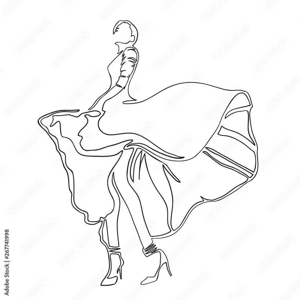 Fashion. Dance. Illustration of dancing girl wearing long dress on high ...