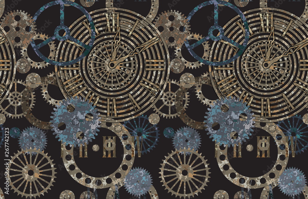 Steampunk gear collection with rust texture seamless pattern