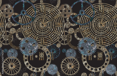 Steampunk gear collection with rust texture seamless pattern