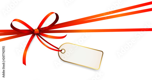 red colored ribbon bow with hang tag