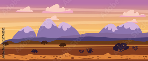 Landscape sunset summer, countryside, rural view, wild west, mountains bushes savannah desert