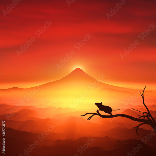 Fototapeta Naklejka Na Ścianę i Meble -  富士山の日の出とネズミのシルエット