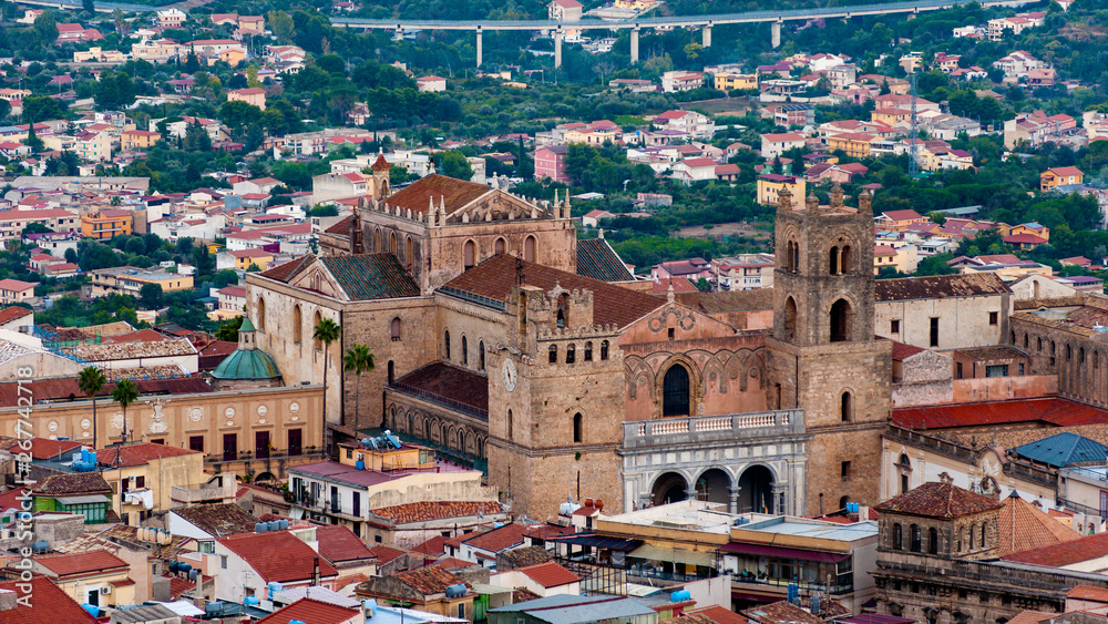The Monreale Cathedral seen from the mountains that surround the town. Palermo. Italy