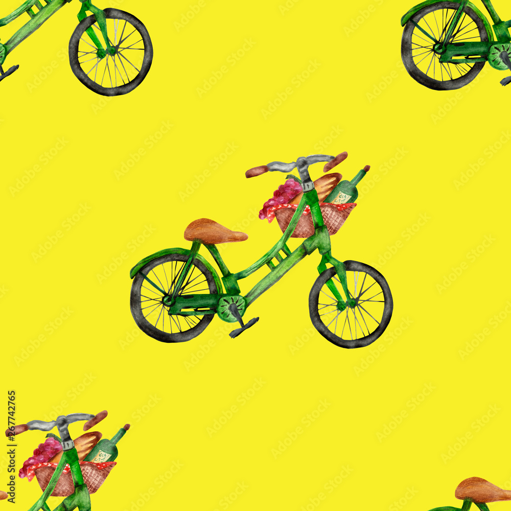 Fototapeta premium Watercolor seamless pattern, green bicycle with big picnic basket, isolated on yellow background. Bicycle, wine, bread, grapes. Tasty trip.