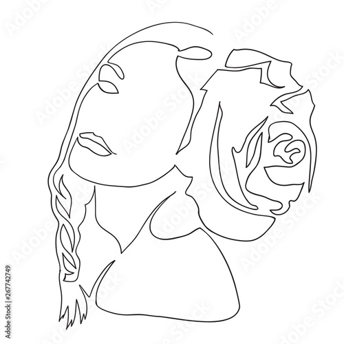 Fashion illustration of girl. Lline drawing of female face and hairstyle, minimalism, woman beauty, vector illustration for t-shirt design, print graphics style. Abstract women's portraits, profile. photo