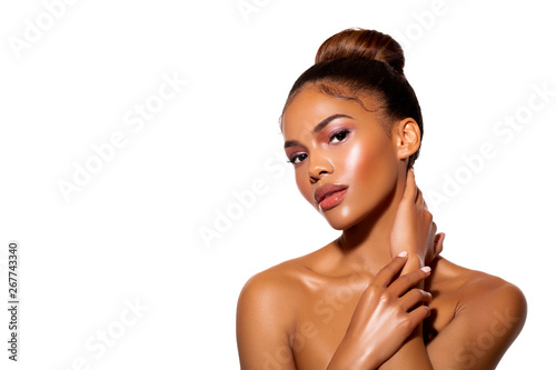 Young Woman is touching her eyes with tenderness, eyes closed. makeup. Perfect skin. beauty. Close-up. Isolated. white background- Image.  