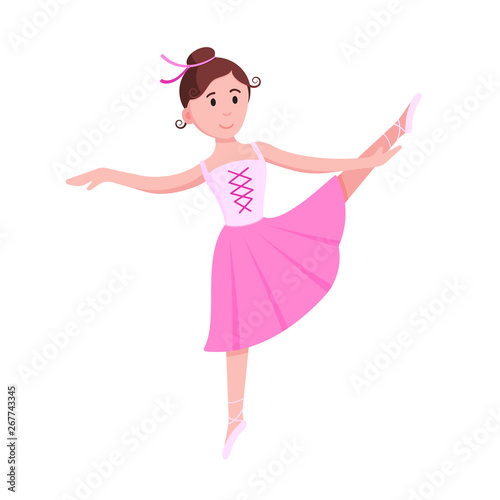Young beautiful ballerina dressed in tutu and pointe shoes standing at the pose flat style design vector illustration isolated on white background, Elegant young female character of classic ballet.