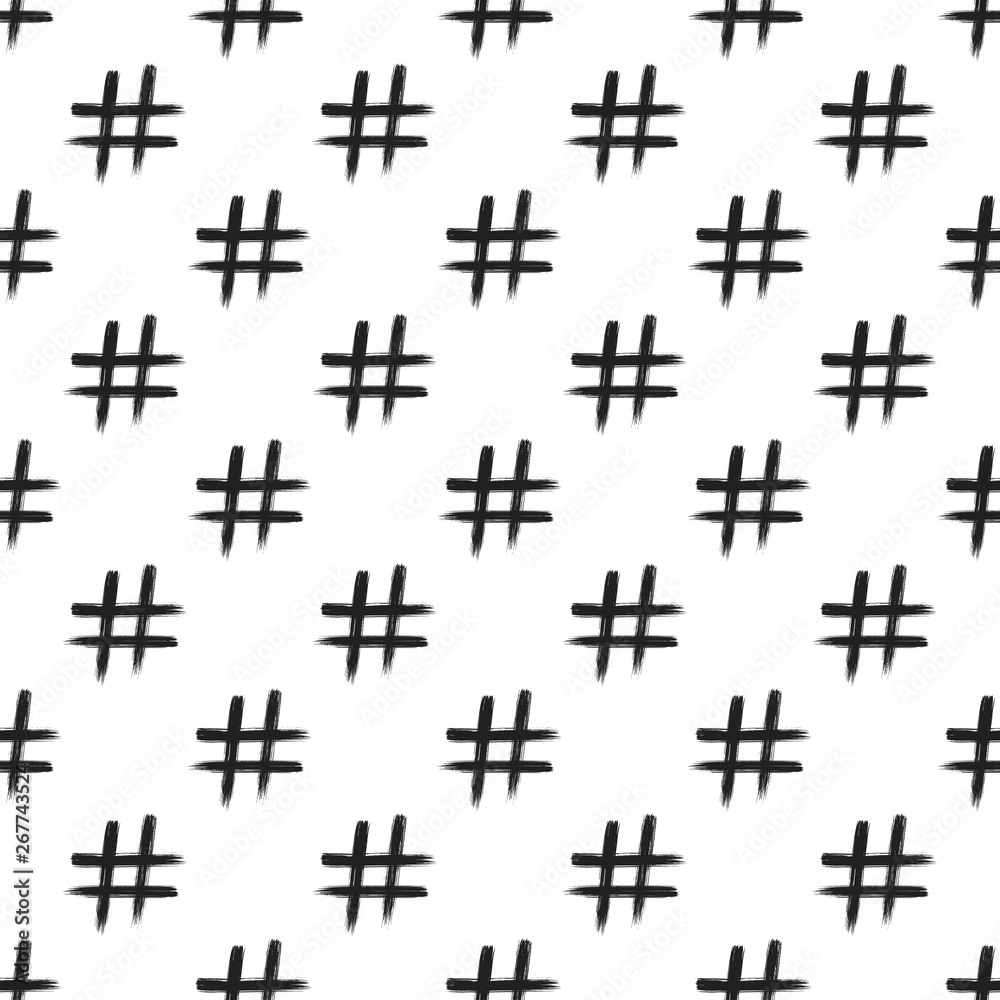 Seamless pattern with hand drawn brush stroke dirty art hashtag symbol icon sign isolated on white background. Black and white composition of the symbol hashtag #