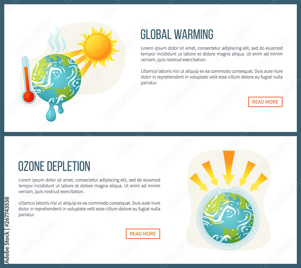 Naklejka premium Global warming vector, environmental problems and issues on planet, sunshine and thermometer, ozone depletion, heat and arrows attack set. Website landing page flat style. Concept for Earth day