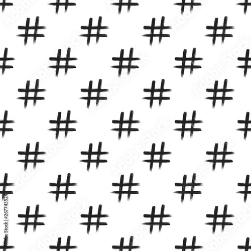 Seamless pattern with hand drawn brush stroke dirty art hashtag symbol icon sign isolated on white background. Black and white composition of the symbol hashtag #