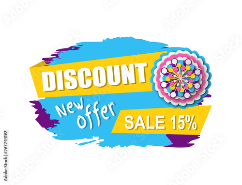 Discount and sale vector, isolated banner with price reduction and flower decoration, flora decor and clearance of shop, promotion and proposition