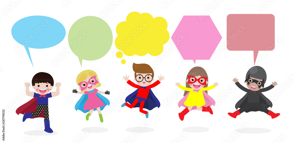 Cute superhero kids with speech bubbles, Set of superhero child with speech bubbles isolated on white background Cute superhero kids with speech bubbles, Set of superhero child with speech bubbles isolated on white background