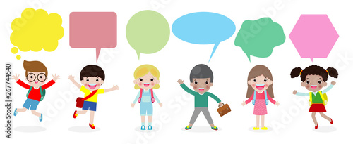 Cute kids with speech bubbles, Set of diverse children and Different nationalities with speech bubbles isolated on white background