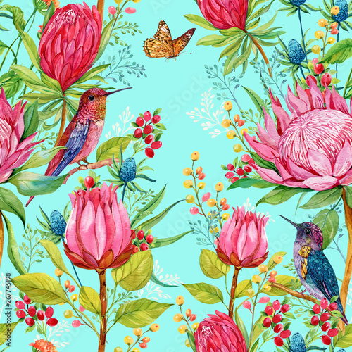 Seamless pattern for fabric exotic hummingbirds and flowers