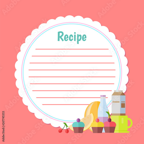 Pink recipe with clean grapes decorated by cakes, cup of tea, cherry and melon, box and bottle of drink, fruit and dessert, pink cookbook with sweet vector