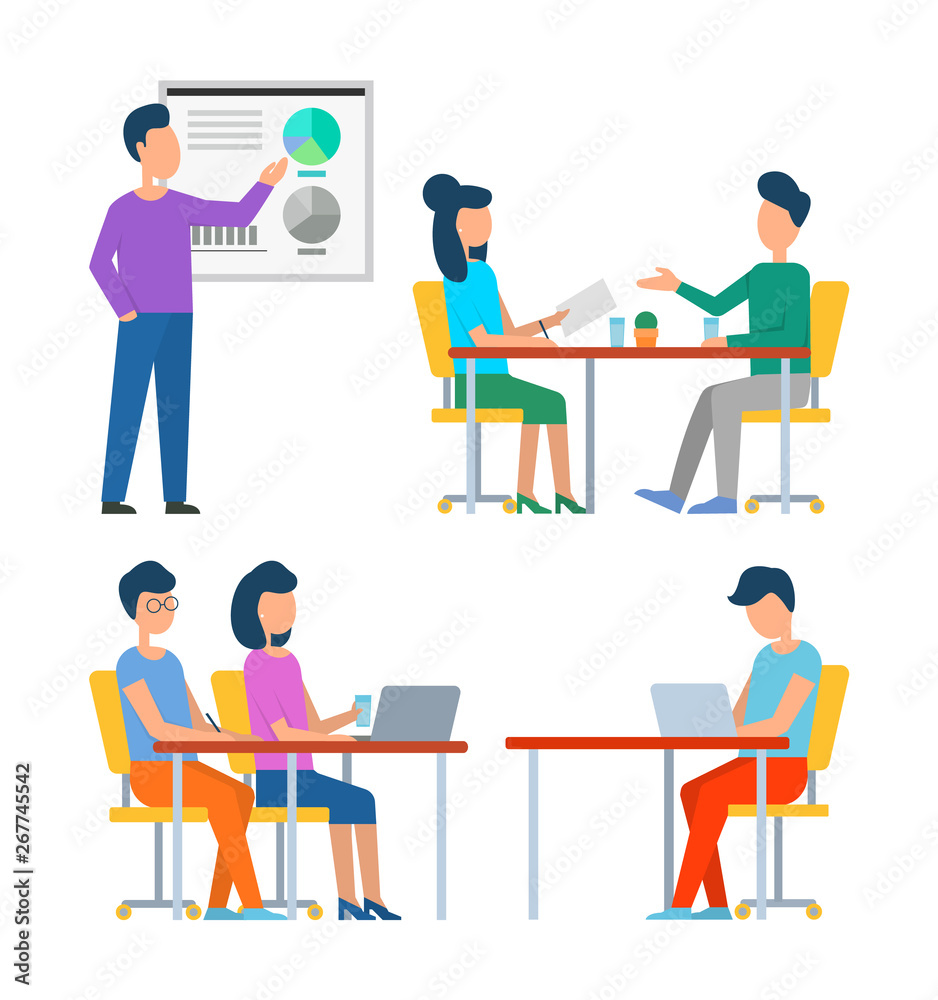 People sitting on conference with boss vector, male showing diagrams and data on whiteboard, programmer and secretary looking in laptops flat style