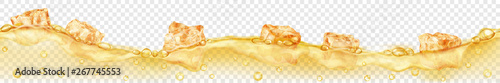 Horizontal banner with seamless wave. Translucent yellow ice cubes and many air bubbles floating in water on transparent background. Transparency only in vector format