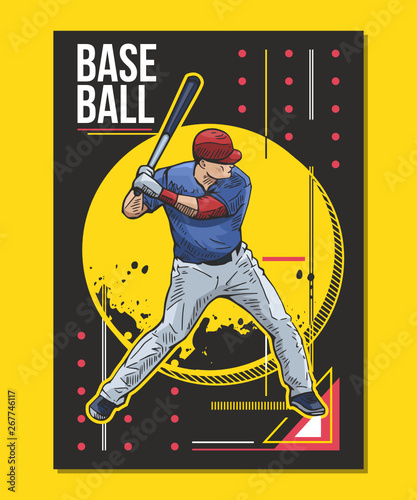 Baseball poster, placard. Vector illustration of a baseball player with bat, ready to hit. Beautiful sport themed poster. Abstract background, summer sports, team game