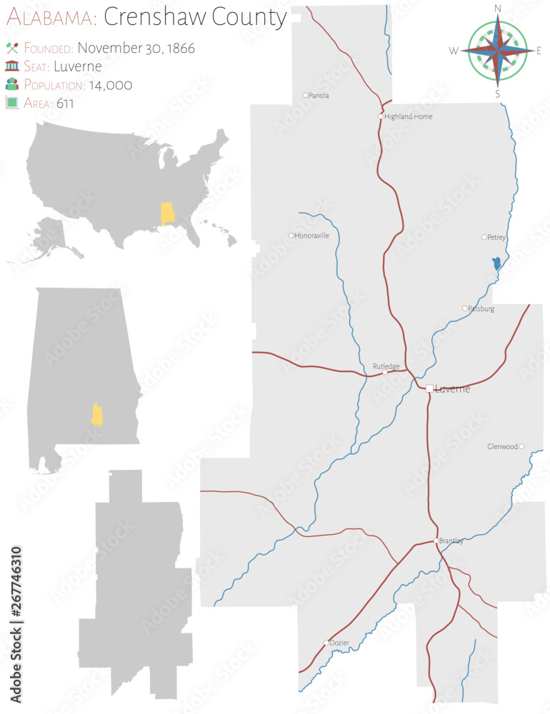 Large and detailed map of Crenshaw county in Alabama, USA