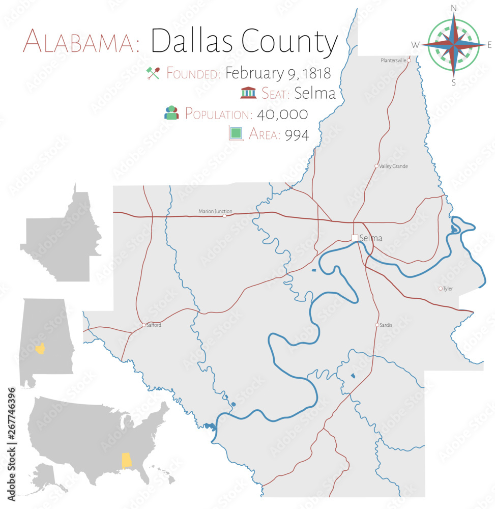 Large and detailed map of Dallas county in Alabama, USA