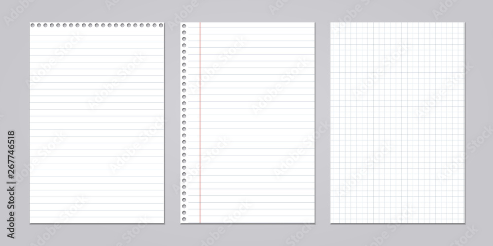 Fototapeta Set of note, notebook lined, squared paper stuck on grey background. Vector illustration
