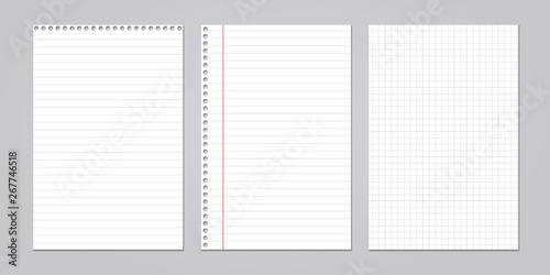 Set of note, notebook lined, squared paper stuck on grey background. Vector illustration