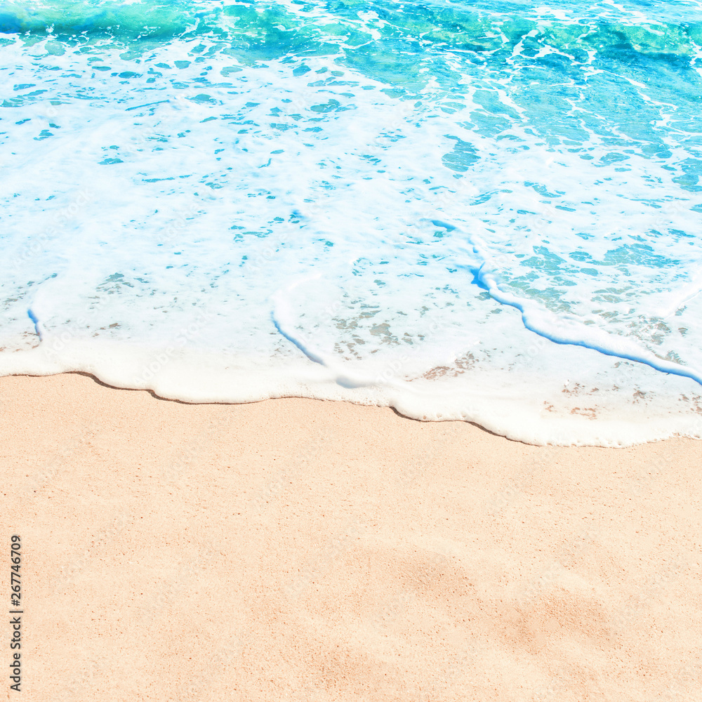 Blue ocean wave on sandy beach. Summer day and sand beach ...