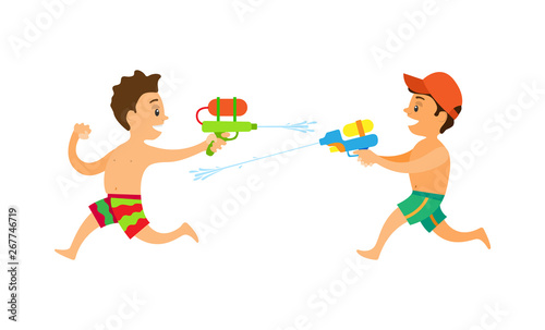 Friends playing water game, characters running and shooting squirt gun, side view of teenagers in shorts, songkran festive or summer activity vector