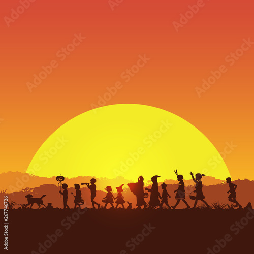 Silhouette of children playing on Halloween night  vector illustration