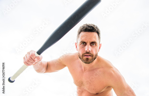I am ready to fight. man with baseball bat. i am a criminal. Hooligan man hits the bat. Bandit gang and conflict. aggression and anger. unshaven muscular man fighting. full of energy. sport game