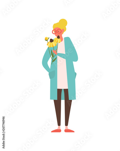 Happy person holding flowers vector, isolated woman wearing glasses, 8 march celebration greeting with international womens day. Female with gerbera